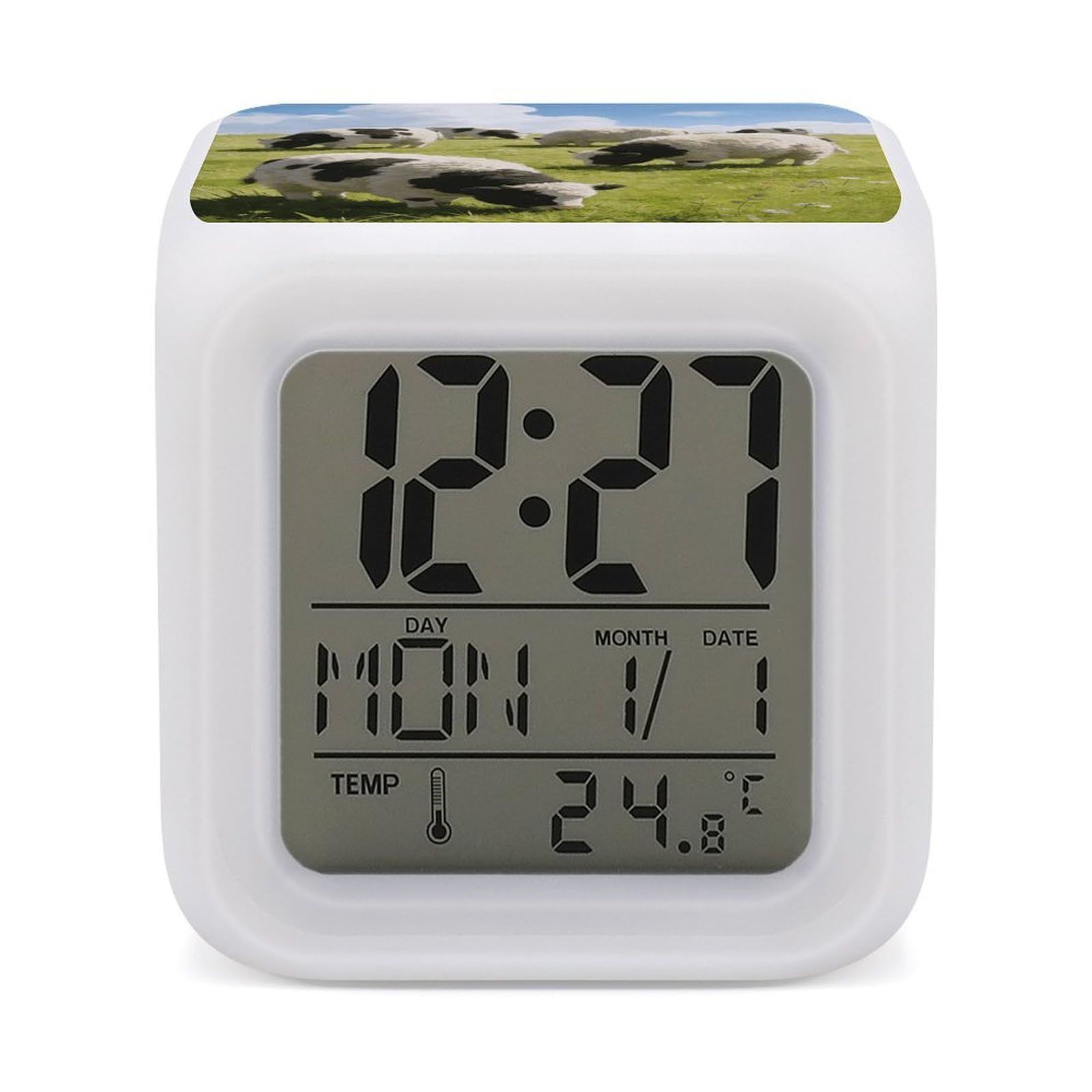 LZQPOEAS Cute Cows Watercolor Alarm Clock with 7 Color Changing Nightlight for Bedroom Calendar Temperature Display Wake Up Digital Clock Small Desk Clocks for Heavy Sleepers Adults