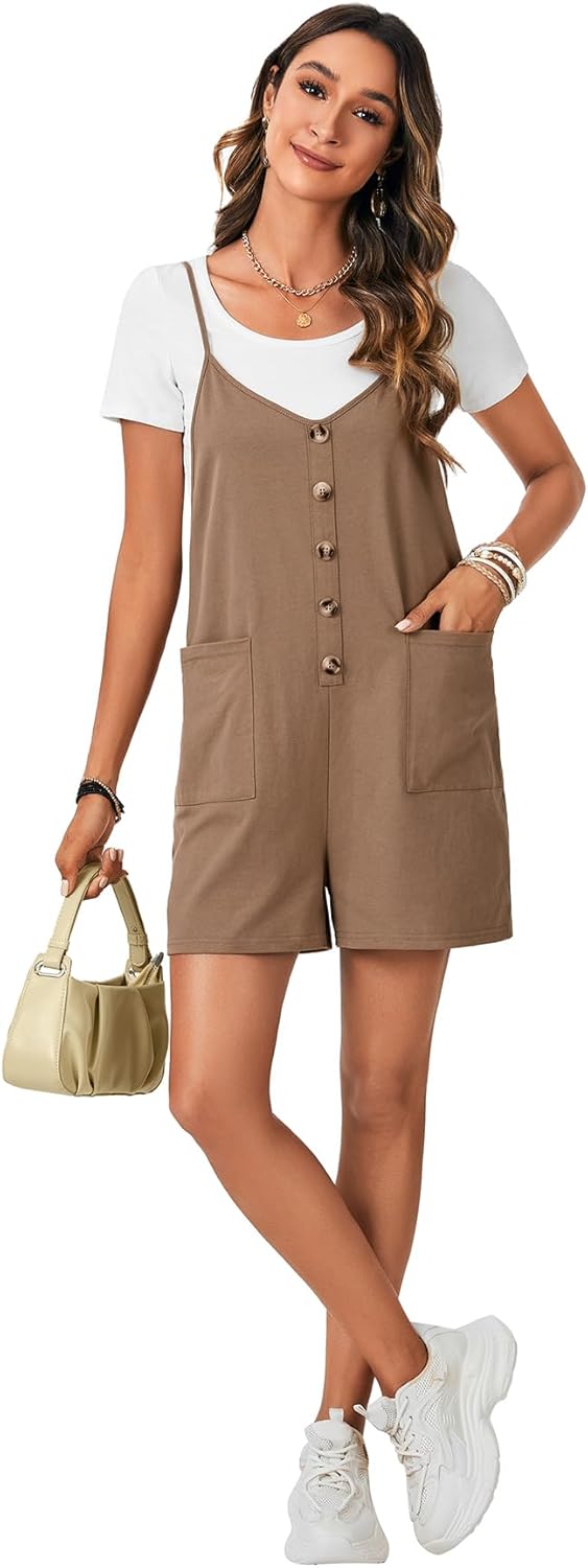 LYANER Women's Casual Summer Sleeveless Romper Loose Adjustable Spaghetti Strap Button Front Stretchy Shorts Jumpsuits - Image 6