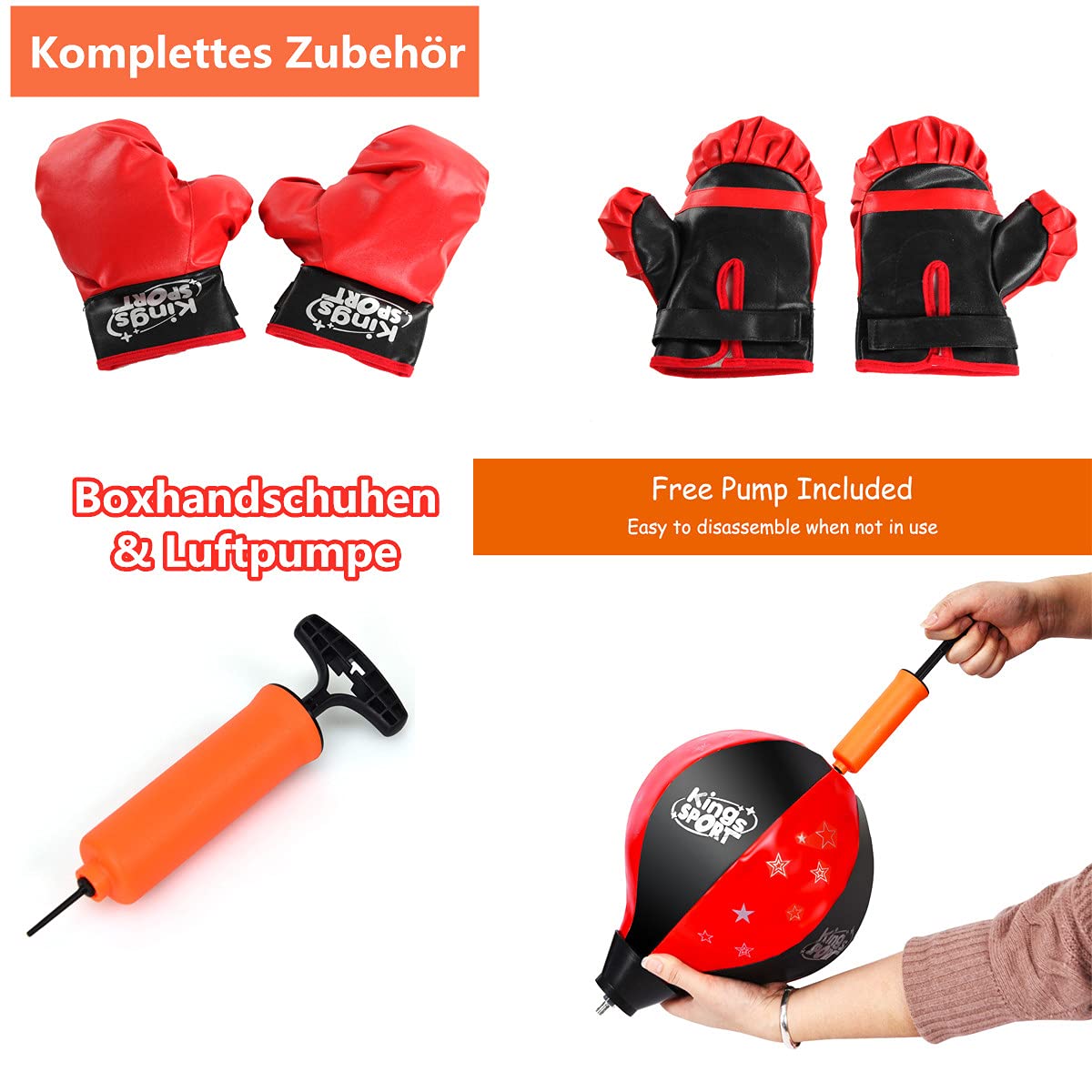 RELAX4LIFE Saco de Boxeo con Guantes de Boxeo, Pelota Inflable y Bomba de Aire, Saco de Boxeo de Pie con Altura Ajustable 81-123,5cm y Soporte Rellenable para Niños Más de 3 Años, Rojo y Negro