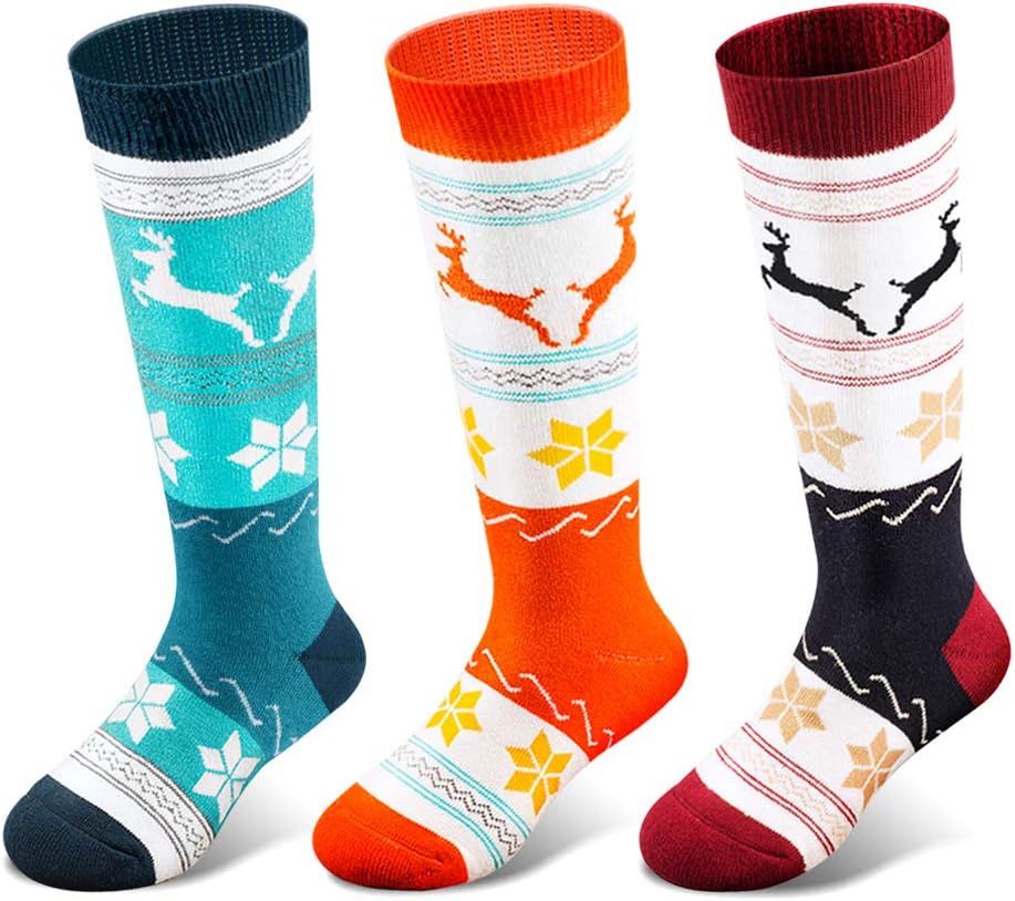 CimkizKids Ski Socks (2 Pairs/3 Pairs) for Boys Girls Thick Warm for Winter Snow Skiing Snowboard Sports (3 Packs (Orange+ Wine Red + Green), S)