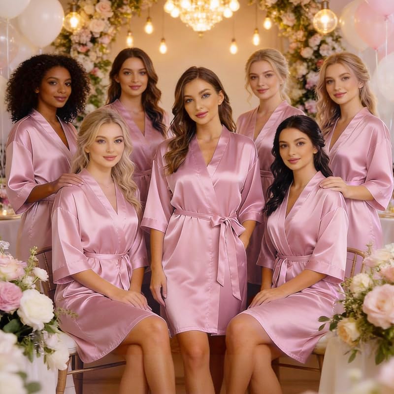 Image of Women's Bride Bridesmaid Robes Short Satin One Size Silver Rhinestones Wedding Party Getting Ready Sleepwear