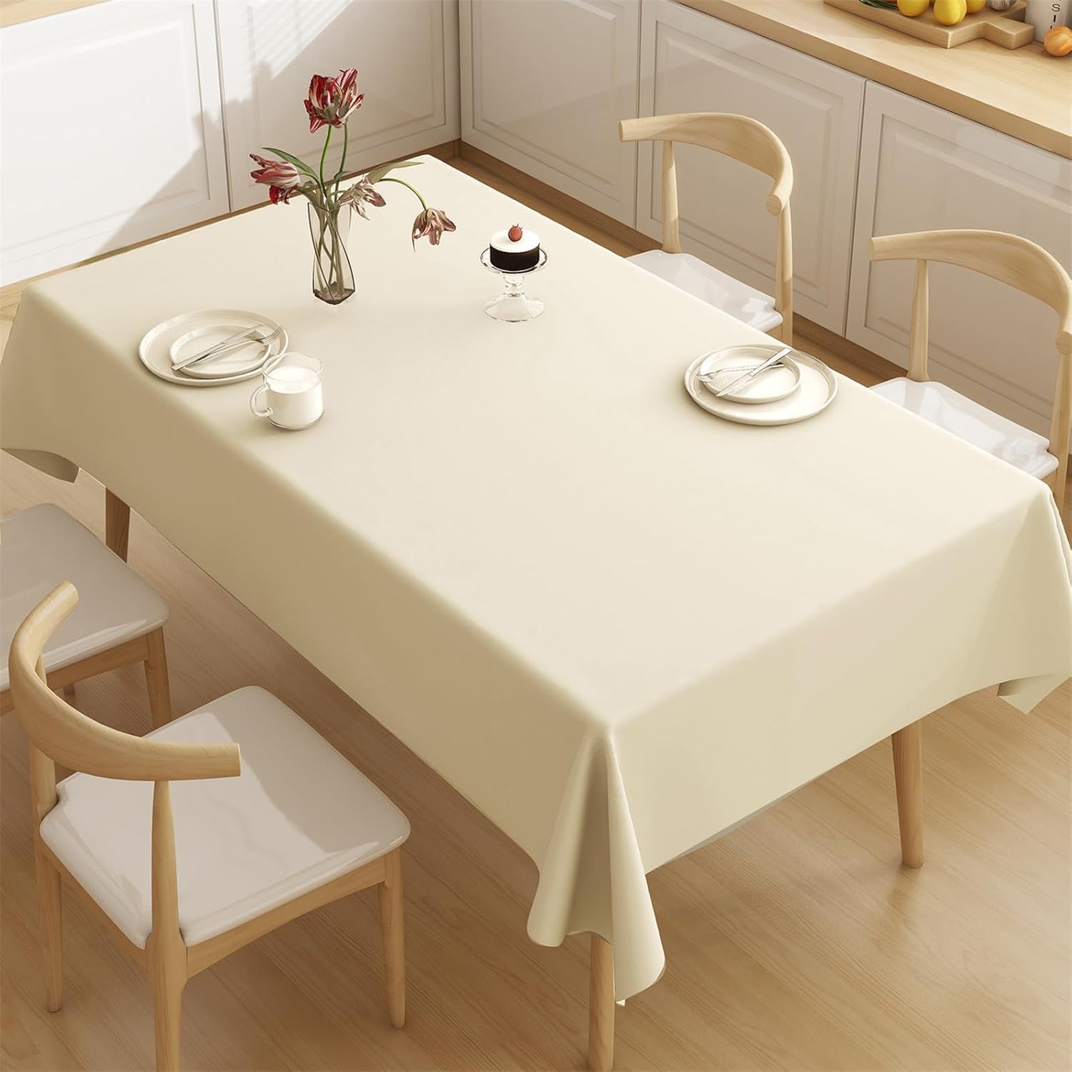 KIJyfgTR Plain Rectangular Tablecloth Ideal For Outdoor Garden Parties(Beige,140x220cm)