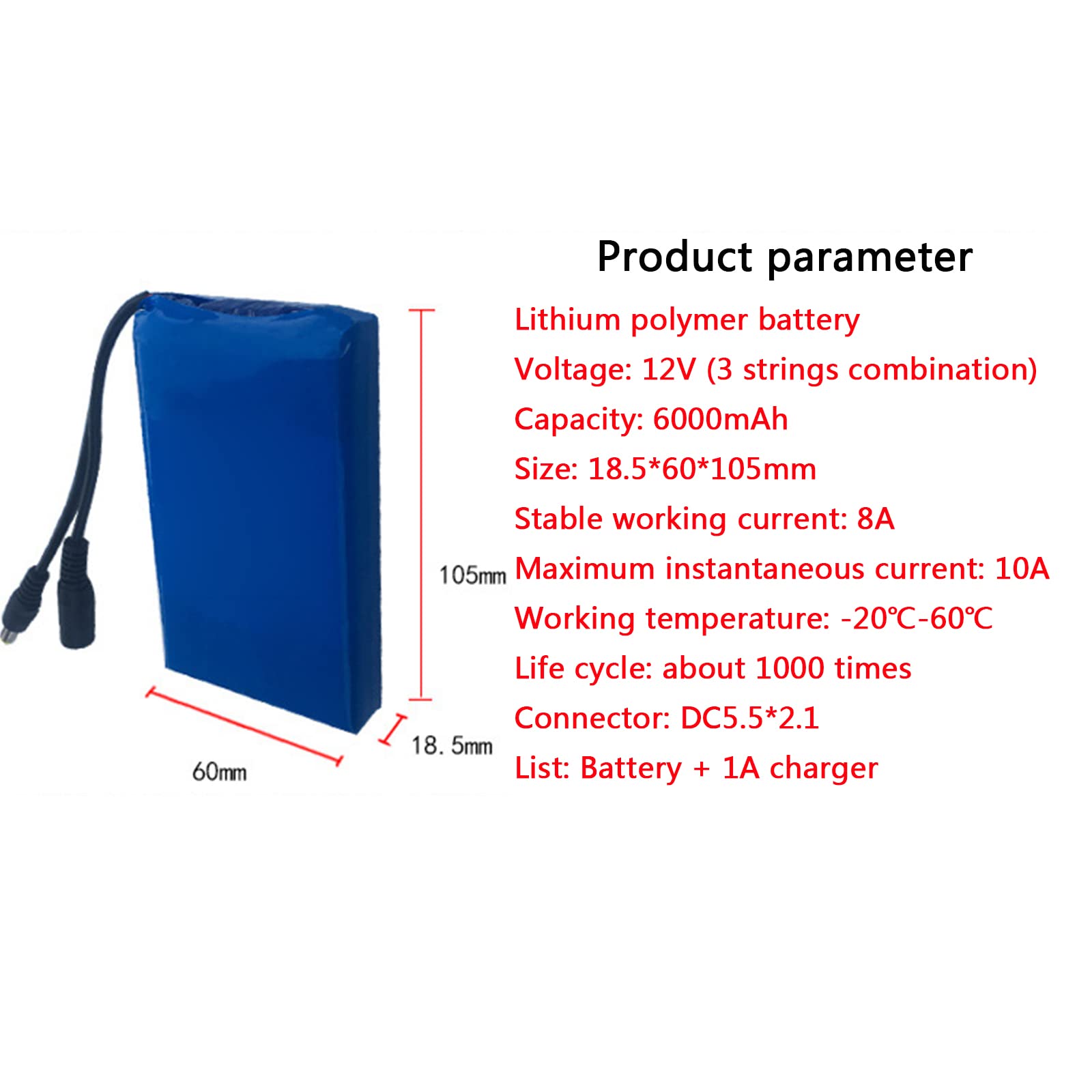 Batería de Litio, batería de polímero de 12 V, 3 Ah, 4 Ah, 5 Ah, 6 Ah, 7 Ah, 9 Ah, 12 Ah, batería de polímero de Litio Recargable portátil con Cargador, Enchufe DC5.5 * 2.1 y Panta