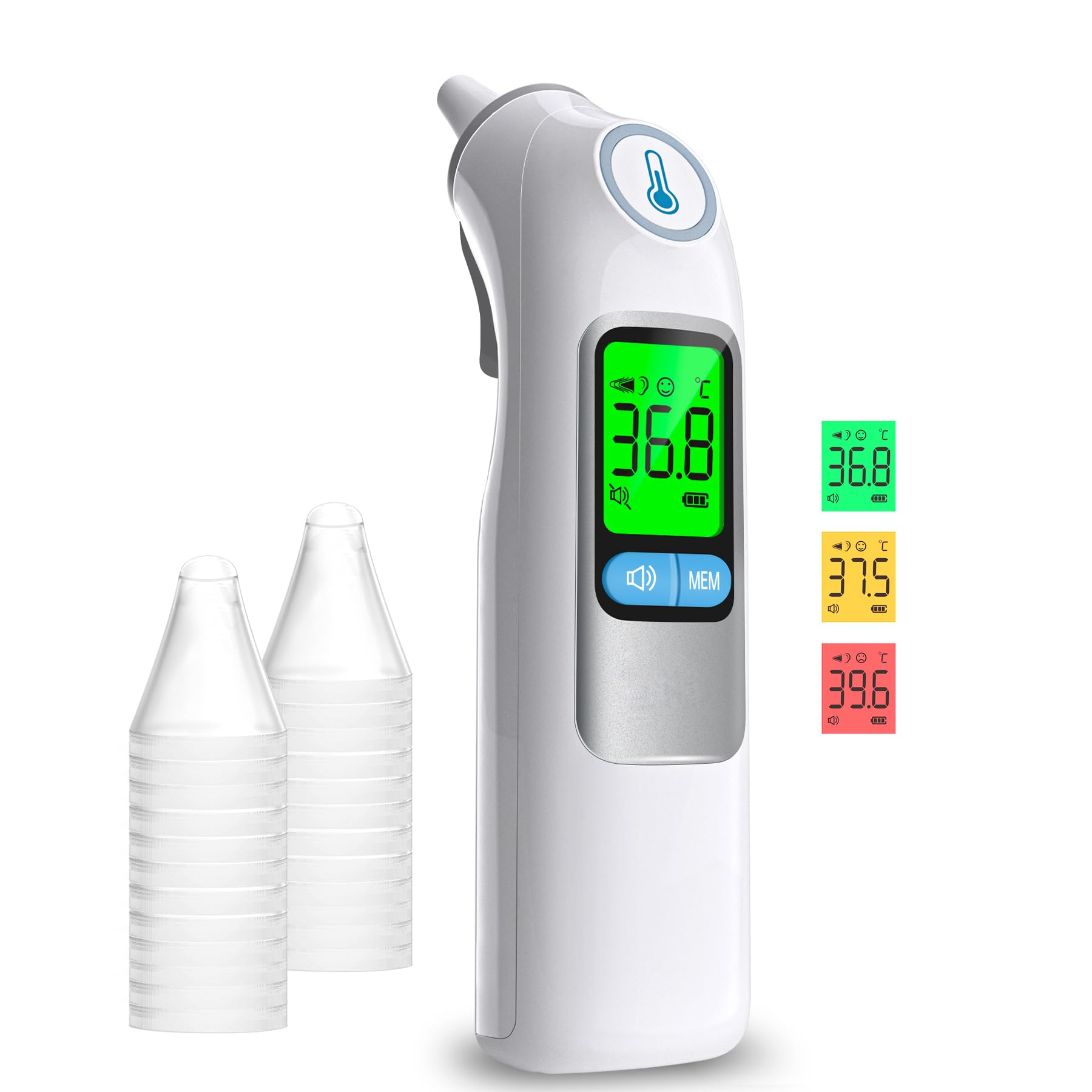 Ear Thermometer, Professional Accuracy Ear Thermometer for Adults and Baby, 3-Color Fever Alert Code, Mute Mode, Reading Storage, with Disposable Probe Covers