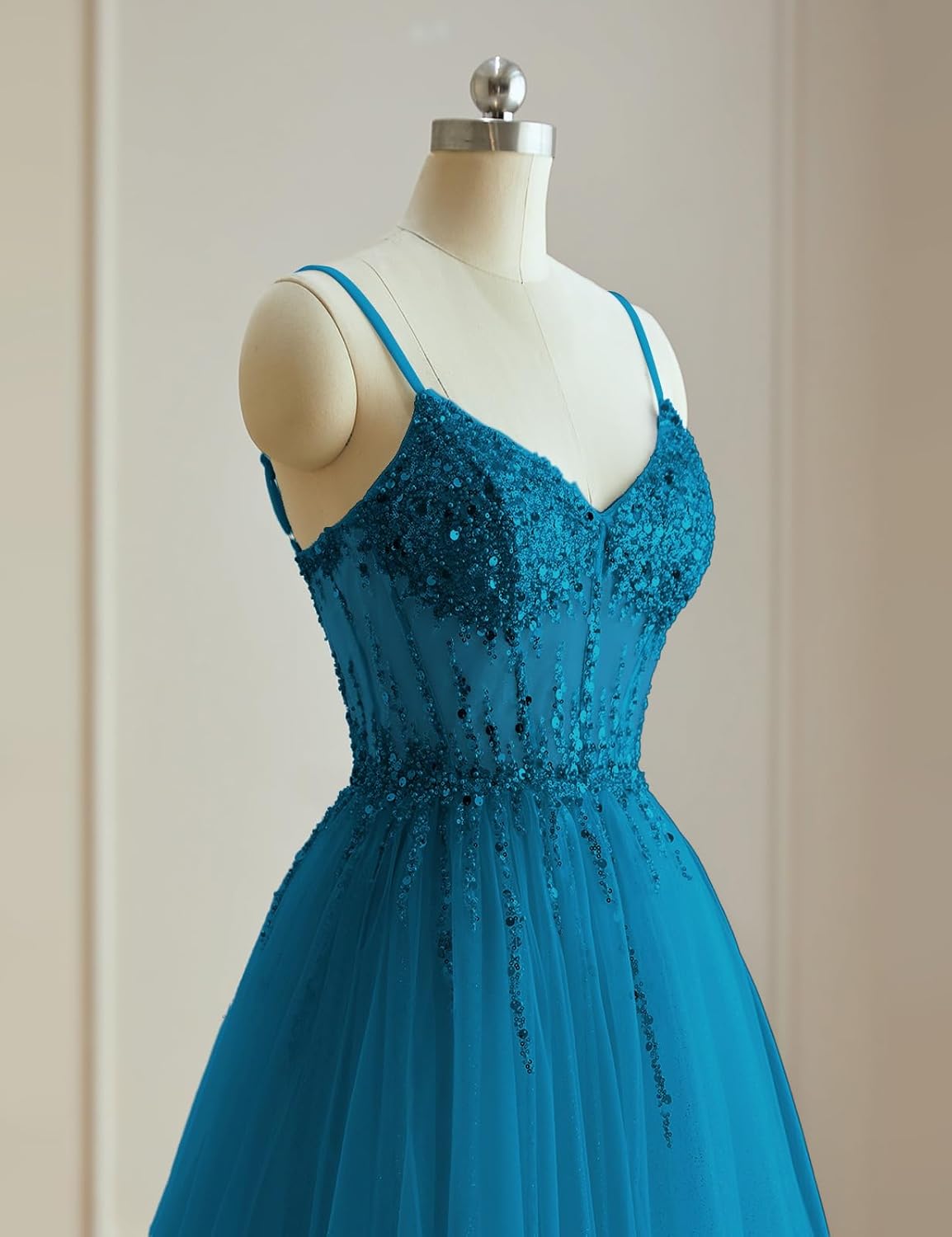 ForElise Tulle Prom Dresses for Women 2026 Spaghetti Straps Beaded Long Ball Gown with Slit - Image 5