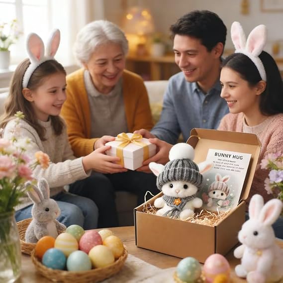 Pipihome Mini Bunny Hug Easter Gifts for Kids, Pocket Hug Rabbit Doll Toys Easter Bunny in Box, Easter Basket Stuffer Emotional Support Positive Crochet Rabbits for Kids & Adults