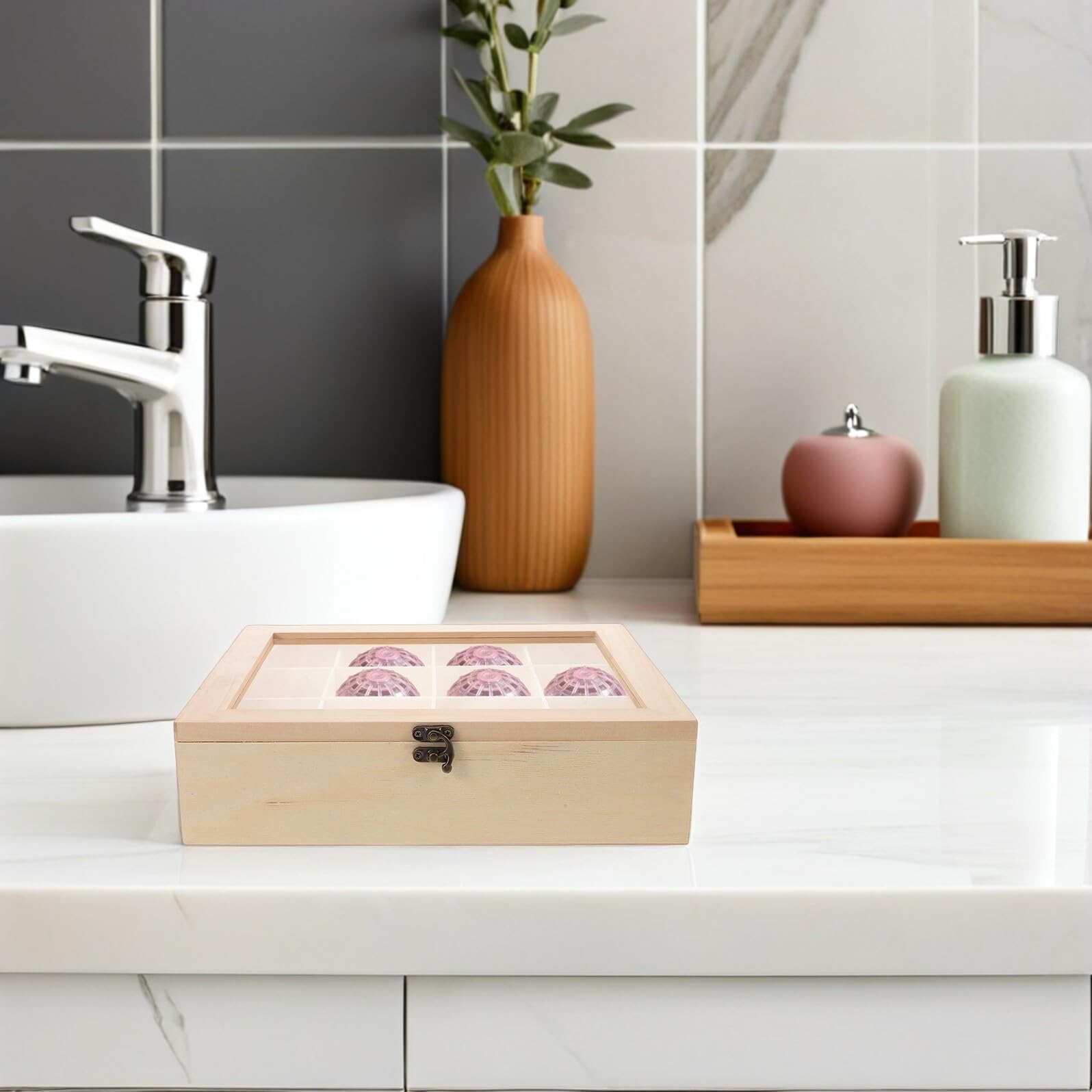 minkissy Caja de Madera con Tapa para Almacenamiento de Bolas de Secadora, Organizador Dividido para Lavandería, Contenedor para Accesorios de Lavadero 30x30x5 Cm, Soporte Funcional