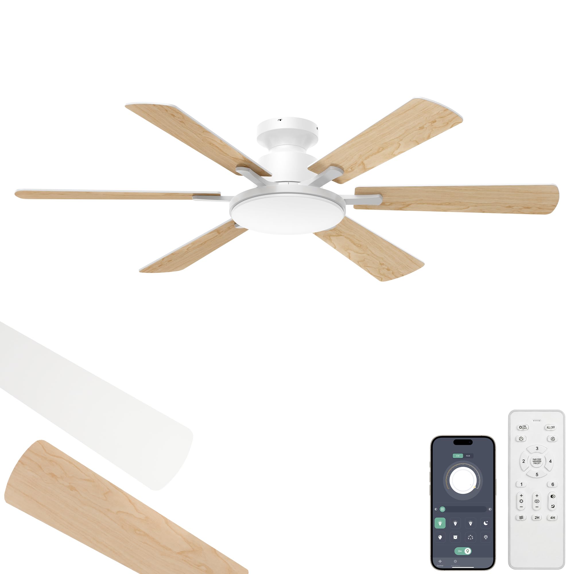 Deckenventilator mit Beleuchtung 132cm 6 Blätter Deckenventilator mit Fernbedienung 6 Gänge Ultraleiser Reversibler Gleichstrommotor 3CCT Dimmbare LED Doppelseitige Flügeln für Schlafzimmer (Weiß)