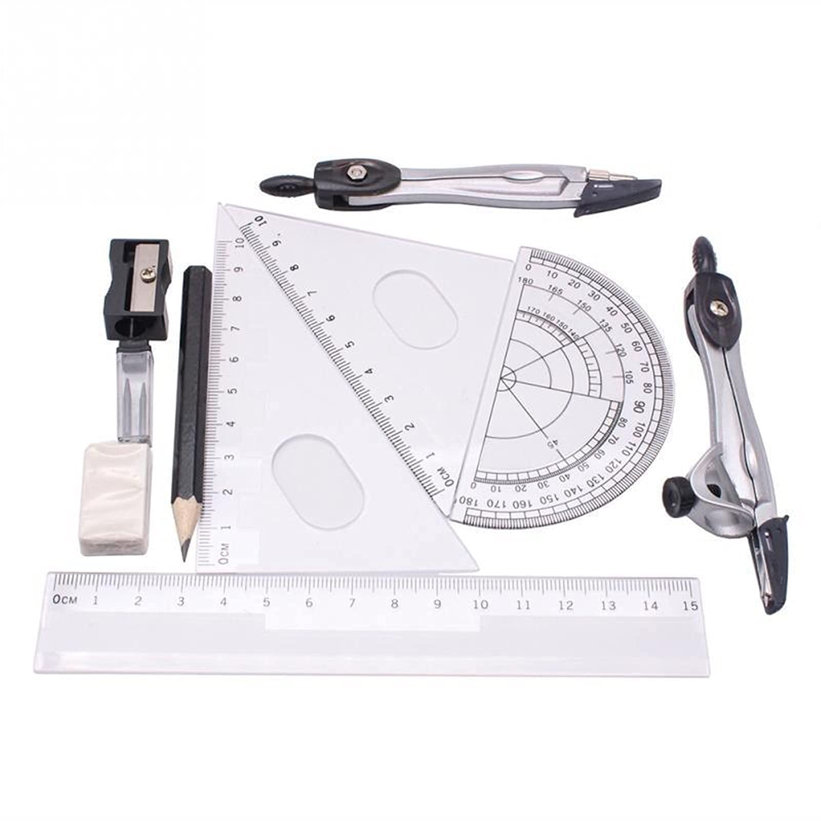 Mathe-Geometrie-Kit-Set, Mathe-Zeichenwerkzeug-Kit, Zirkel-Set, Kunststoff + Metall, Geometrie-Winkelmesser, Schullineal, Radiergummi-Lineal für Schüler