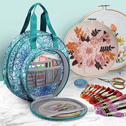 Image of FINPAC Embroidery Project Bag, Embroidery Supplies Storage Carrying Tote Case with Multiple Pockets for Floss, Hoops, Thread, Stitch Tools Kit [Bag Only], Emerald Illusions
