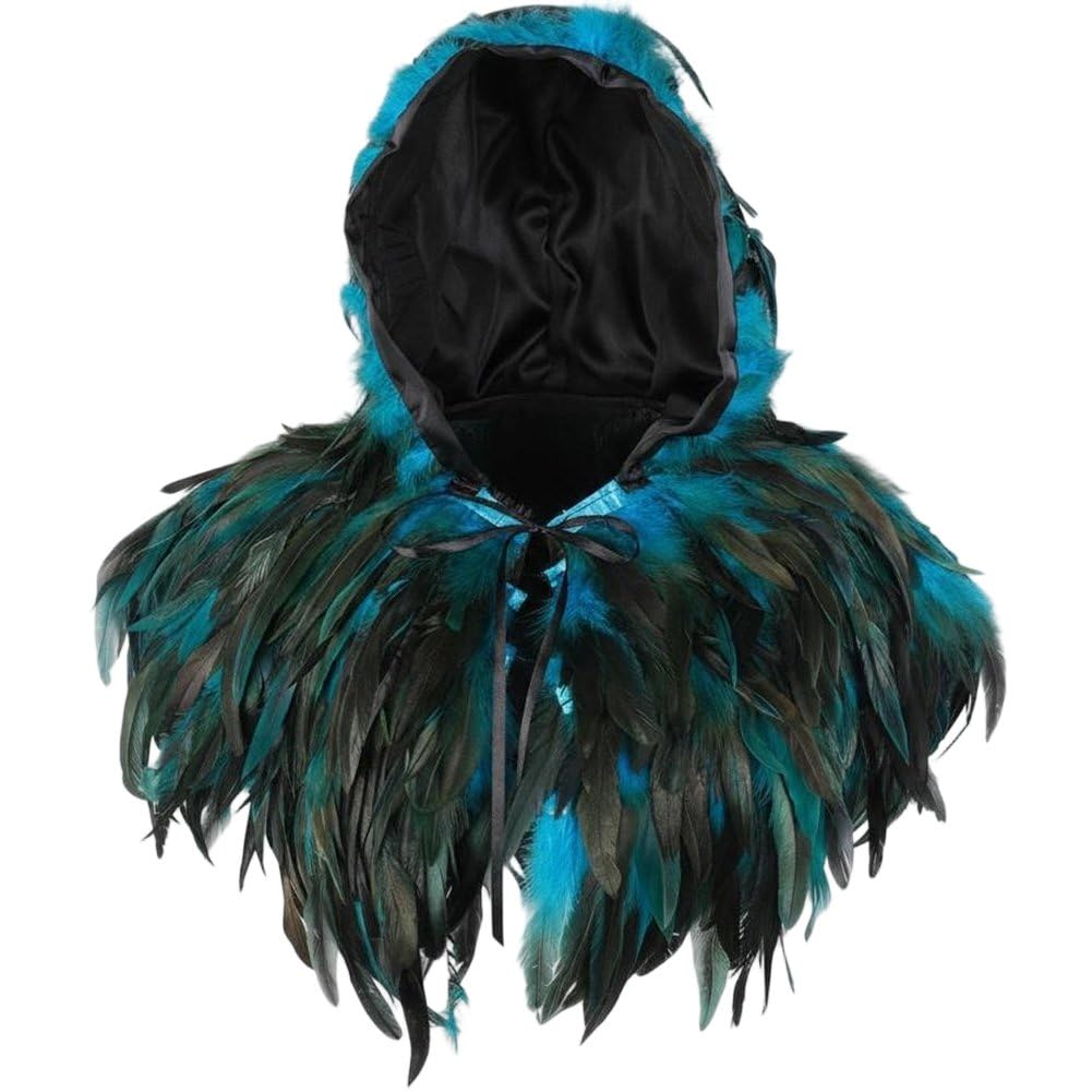 Sslvya Gothic Feather Hooded Cloak Witch Cape Short Cloak Feather Shawl Halloween Cosplay Costume Accessory