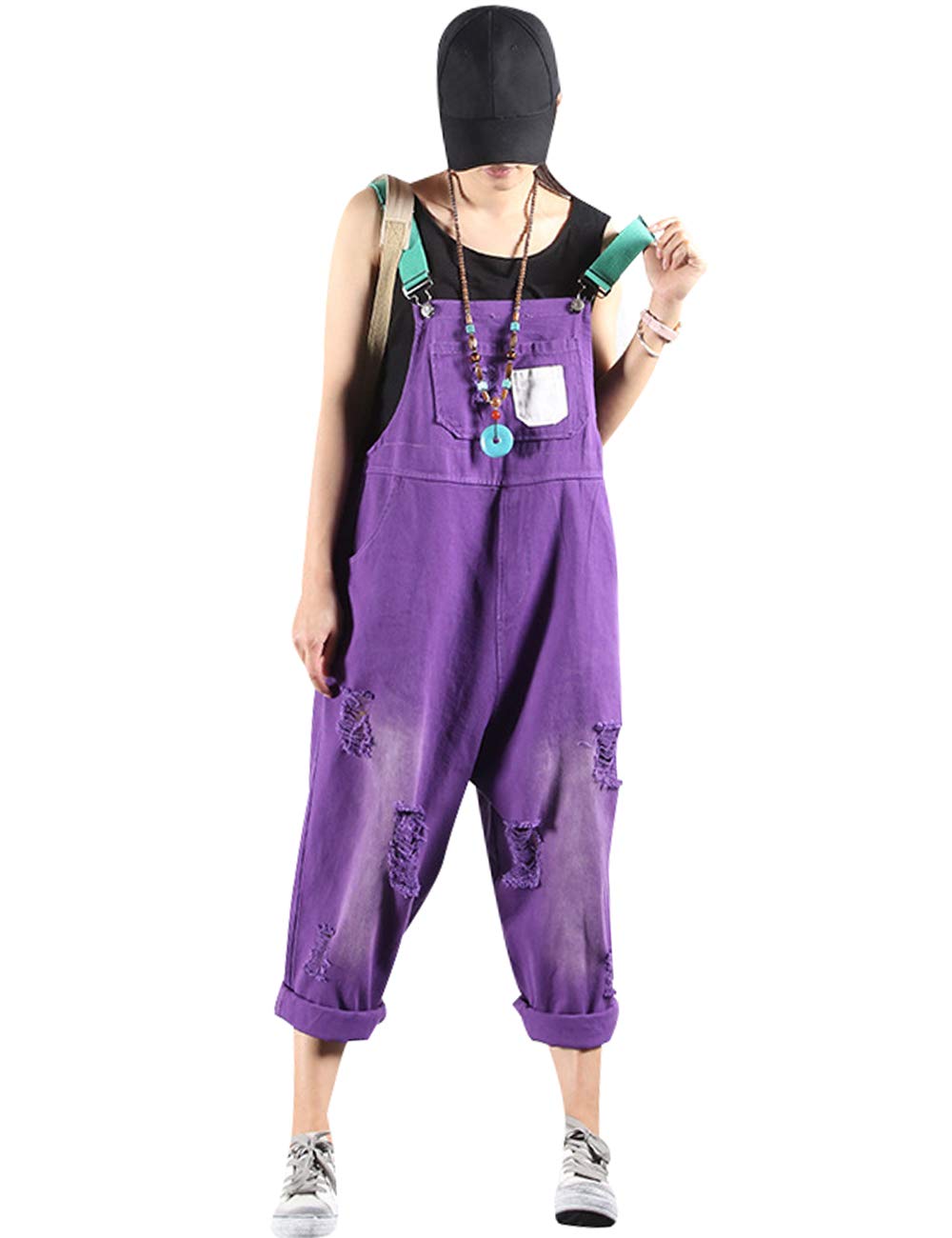 Bigassets Mujer Vaqueros estampados Mono corto sin mangas de peto Mono de mezclilla
