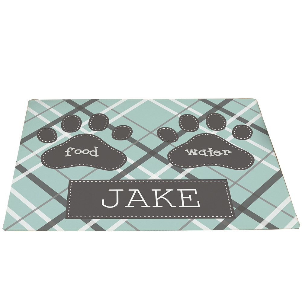 GiftsForYouNow Plaid Personalized Pet Feeding Mat, Mint