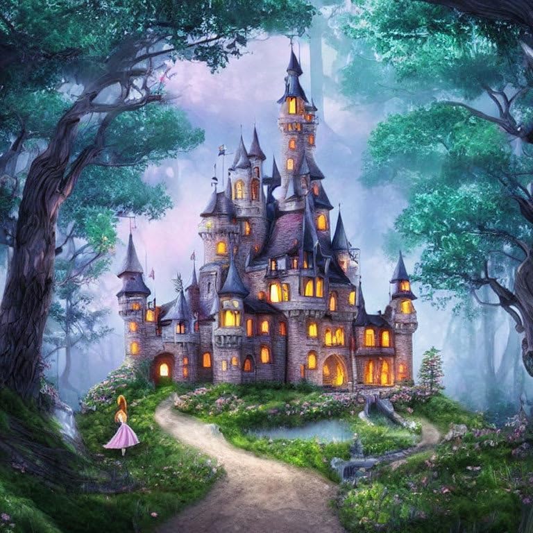 Affiches sur toile forêt et château peinture art picture 58 x 90 cm SERENDIPITP
