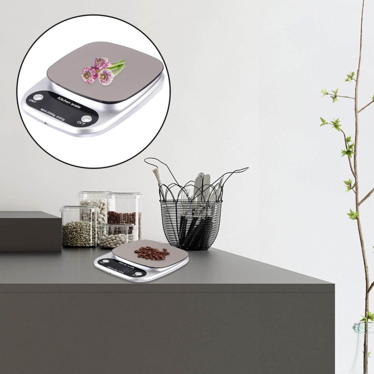 VICASKY Báscula de Cocina Digital Recargable de 5kg Alta Precisión y Sensor Avanzado, Acero Inoxidable Portátil Pantalla Lcd para Uso en Cocina