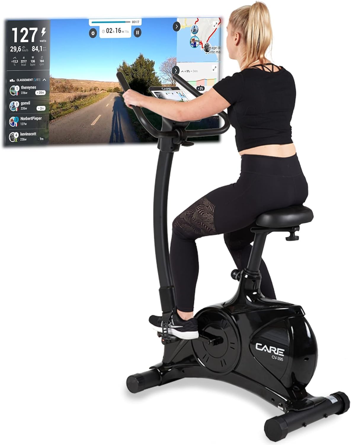 Care Fitness - Vélo d'Appartement Motorisé CV-395 - Vélo Droit 24 Programmes d'Entraînement - Masse d'Inertie 12kg - Résistances Magnétique Motorisée - Connectivité Application Mobile/Kinomap