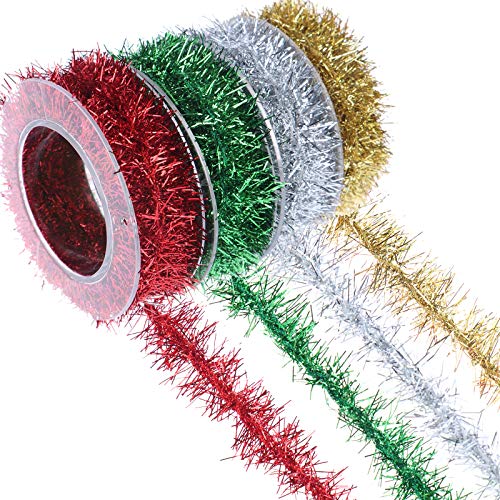 Eshylala 4 Rolls Mini Tinsel Garland Christmas Tree Decorations Metallic Tinsel Twist Garland Glitter Ribbon Assorted Garland for DIY Wedding Birthday Party Supplies