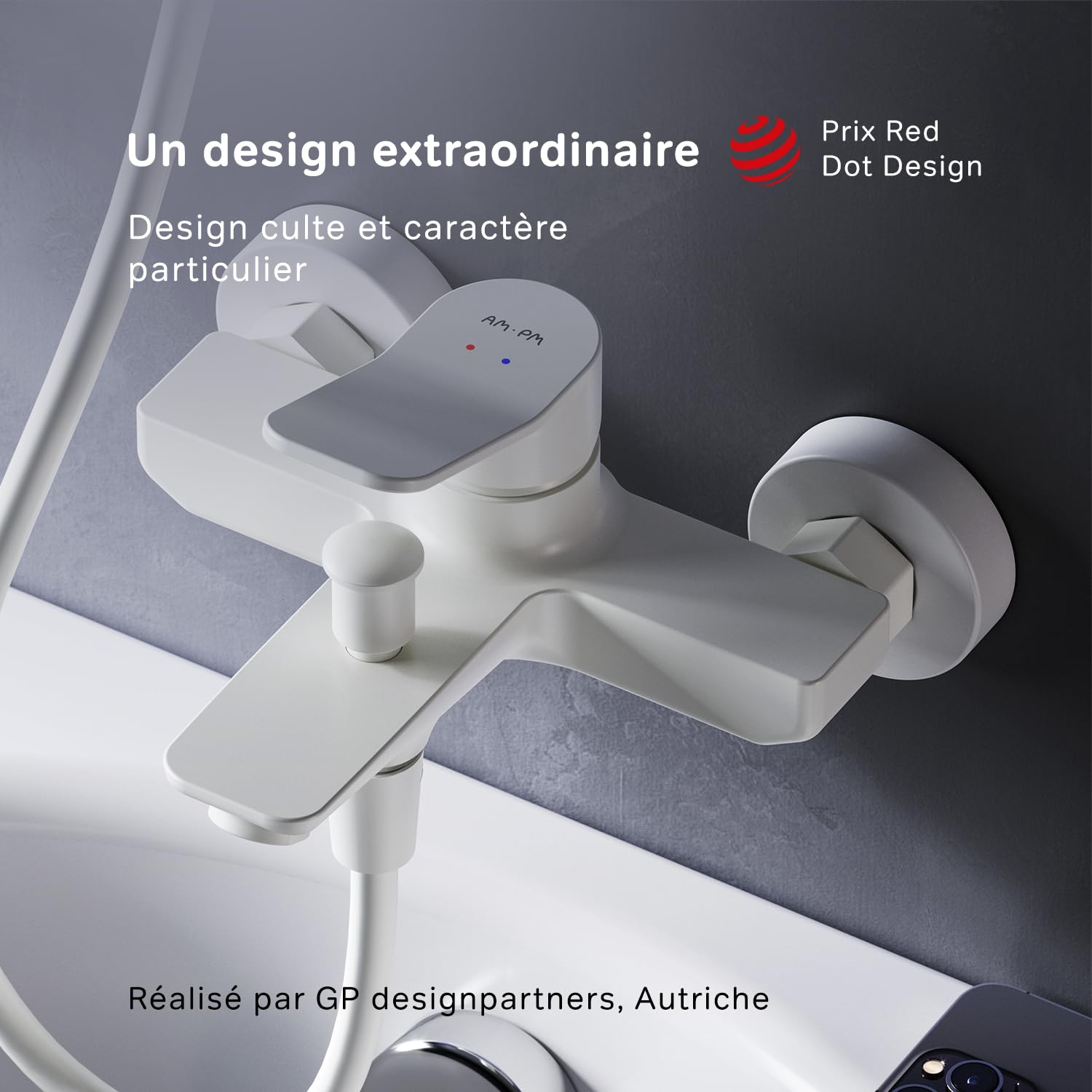 AM.PM Mitigeur Bain Douche, Robinet Monocommande de Bain avec Bec, à économie d'eau, Blanc, Résistant aux fissures, Facile à nettoyer et à installer, X-Joy FXA10033.