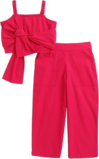 The Magic Wand Cotton Woven Co-ord Set For Kids Girls, Solid Sleeveless Statement Front Bow Top & Palazzo Stylish Clothing...