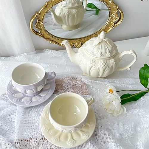 Tasse Becher Cutelife Geschnitzte weiße Keramikbecher Vintage Frühstück Getränk wiederverwendbar Kaffeetasse Set Hochzeit dekorativer Griff Teetasse Kaffeetassen (Color : Purple Cup) Cover