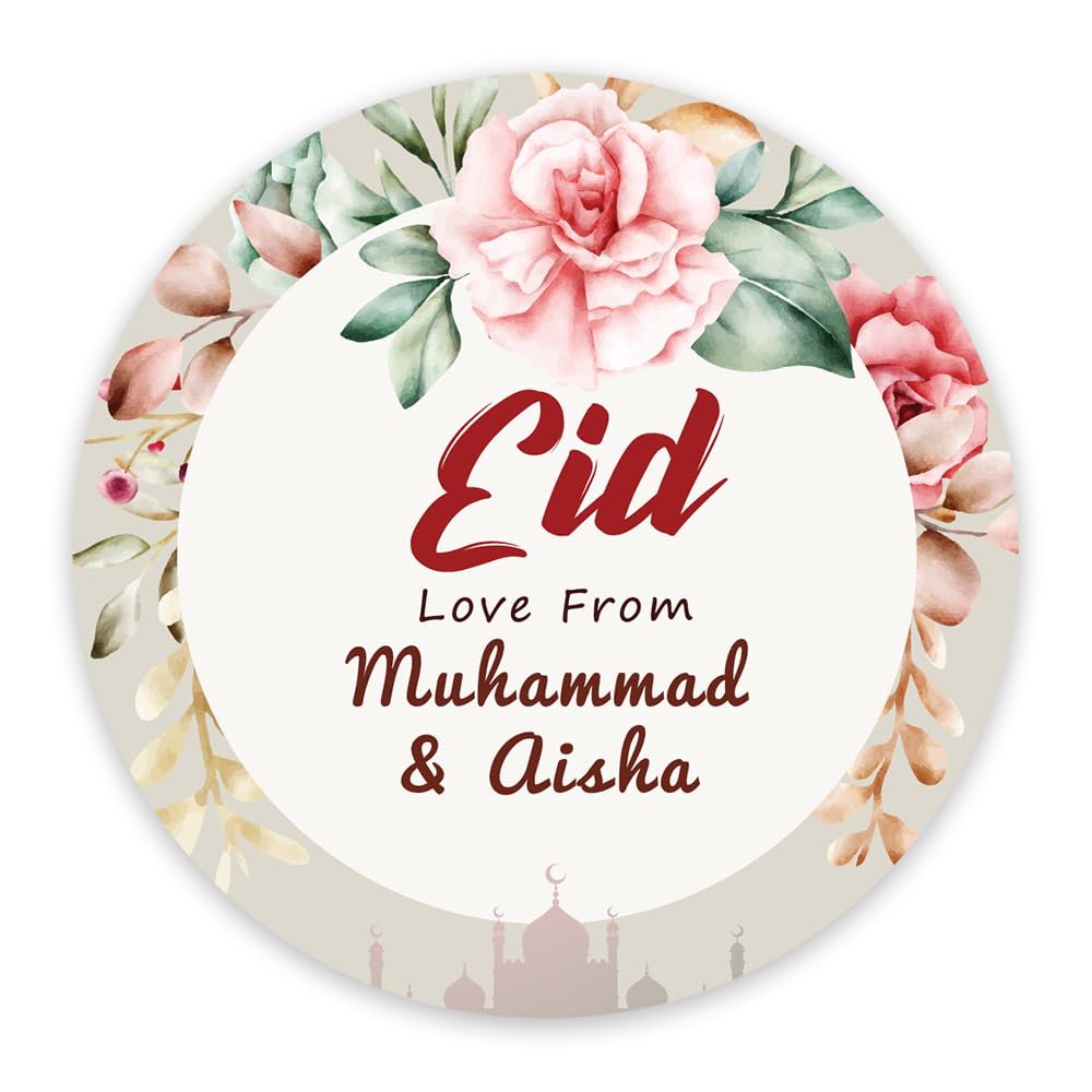 Papa Prints Pack of 24 Eid Mubarak Personalised Stickers Labels 45mm Happy Eid Stickers Personalised Ramadan Mubarak Stickers for Eid Party, Envelopes, Treat Bags, Decorations