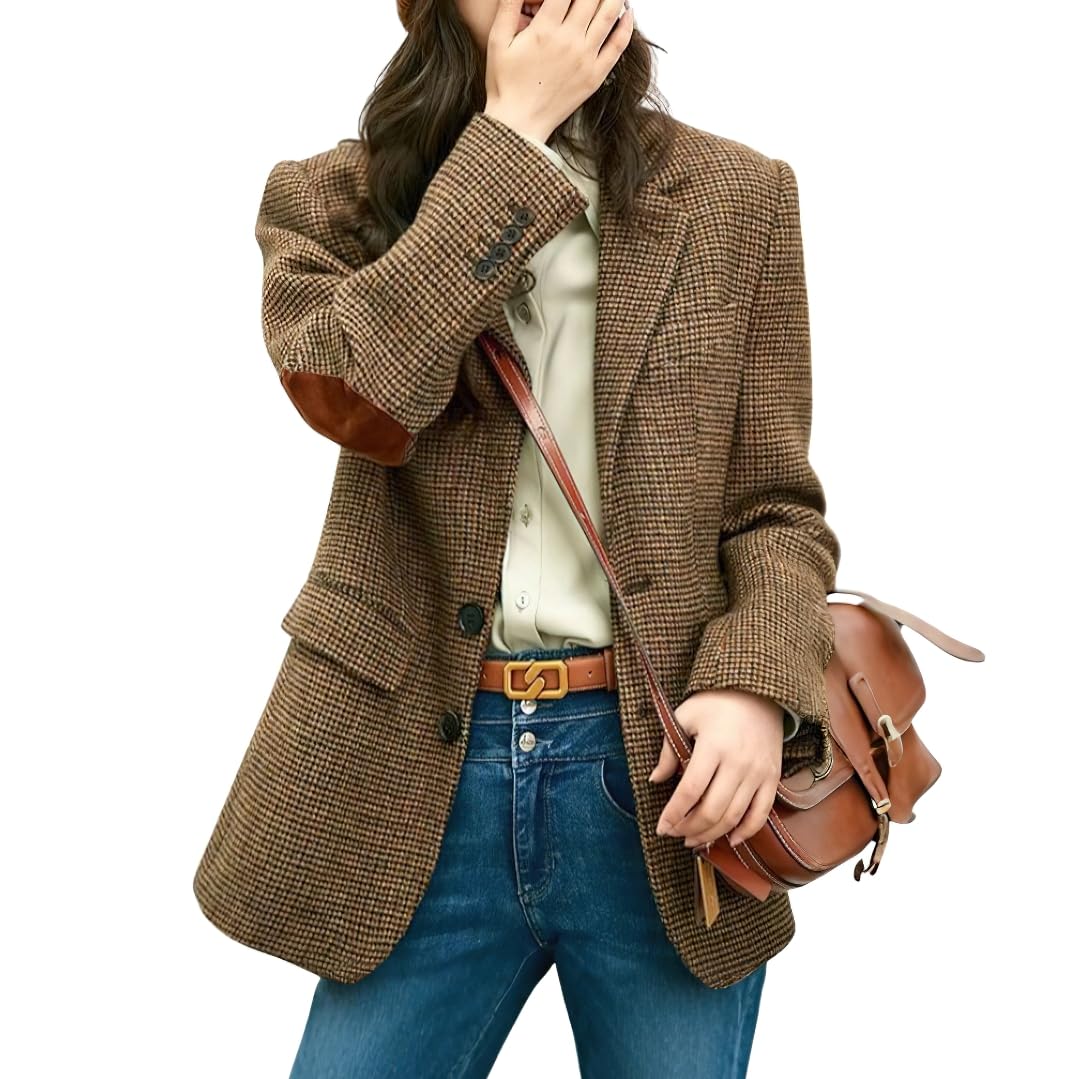 chouyatou Womens Fall Winter Wool Business Casual Blazer Jacket Single Breasted Plaid Dressy Work Coat
