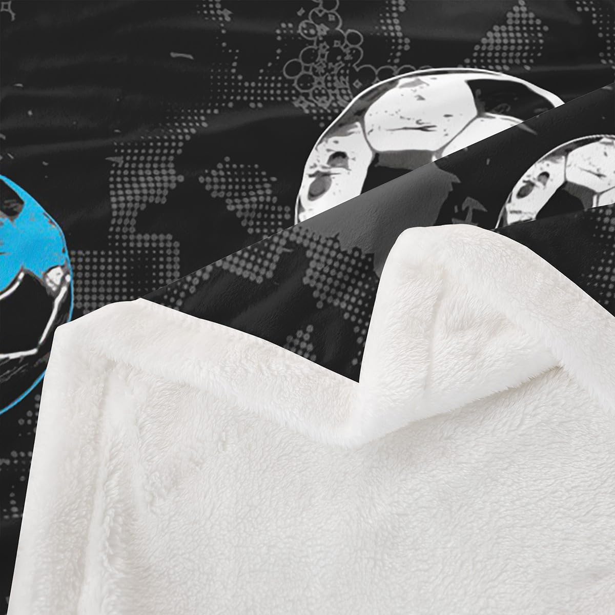 Football Fleece Blanket Boys Sport Balls Throw Blanket for Kids Youth Adult, Black and White Soccer Bed Blanket Football Game Activity Sherpa Blanket 90"x90", European Sport Bedroom Decor