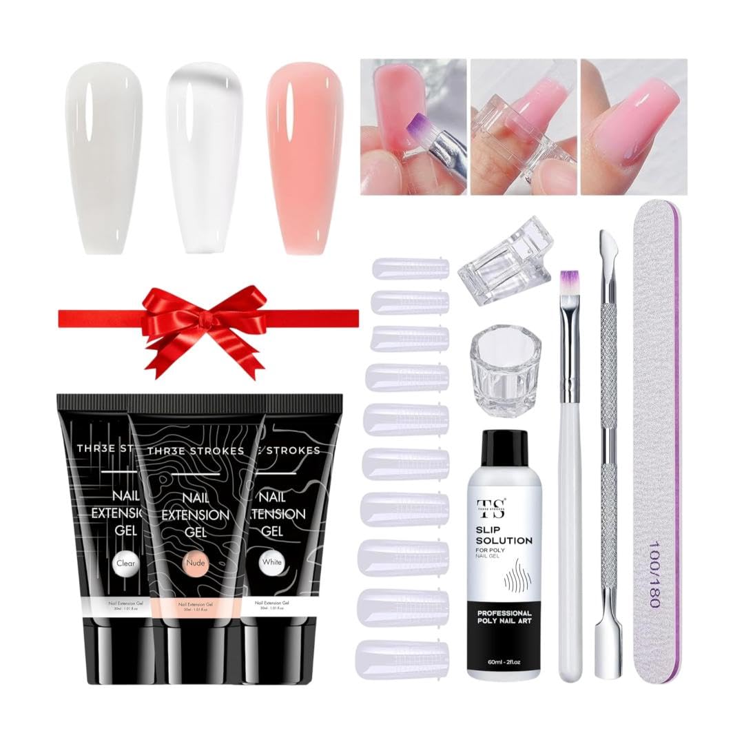 THR3E STROKES Poly Nail Gel Extension Kit - Builder Gel UV Nail Art Kit - Clear, Pink, White - Set of 10-image-46