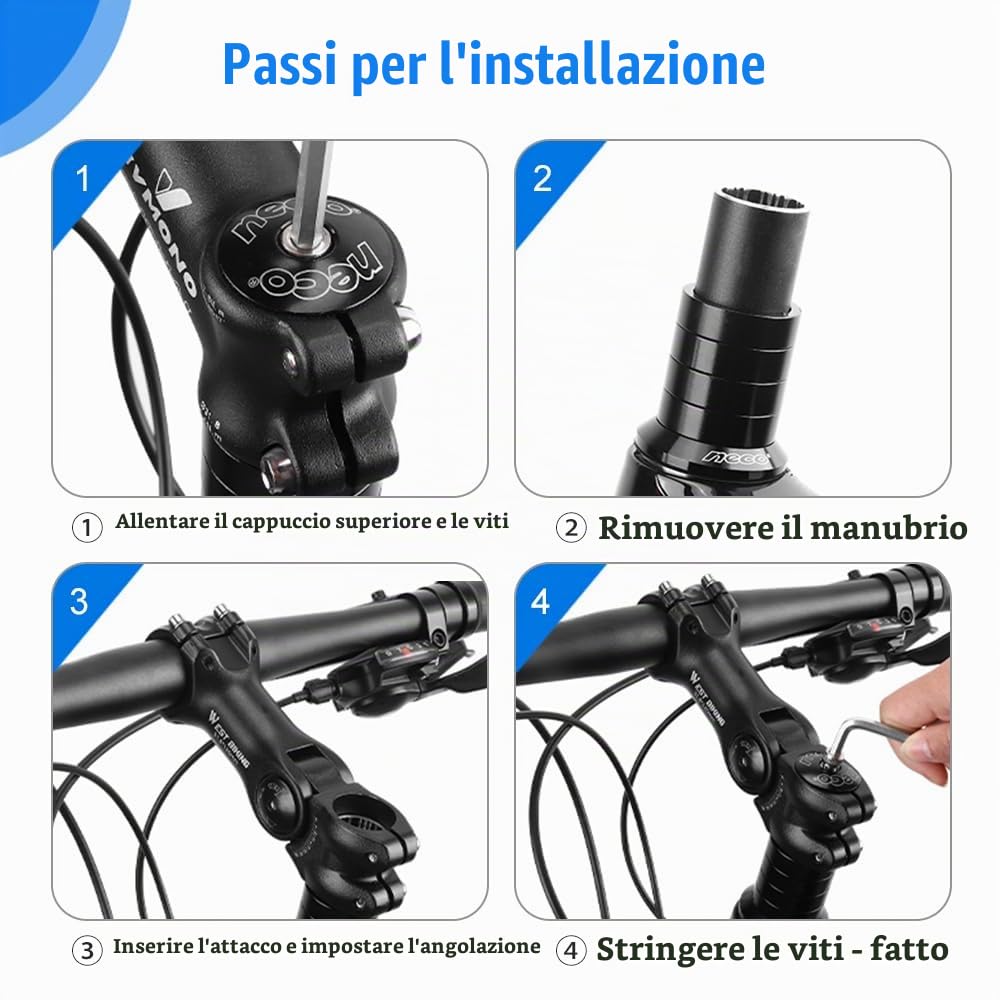 Attacco Manubrio Regolabile in Alluminio – Compatibile con 25,4 mm e 31,8 mm, Inclinazione ±60°, Doppia Vite di Serraggio, per MTB, Bici da Strada ed E-Bike con Stelo da 28,6 mm