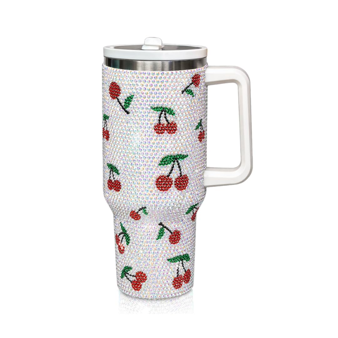 cuteolivia 40 Oz Rhinestone Studded Tumbler with Handle Straw and Lid, Insulated Stainless Steel Double Layer Water Bottle for Women, Reusable Travel Coffee Mug (1200ml) Cherry