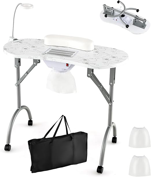 LDAILY Portable Nail Table, Foldable Nail Technician Desk w/Electric Dust Collector, Bendable LED Lamp, Removable Armrest Pad, Carry Bag, Manicure Table with Lockable Wheels for Home, Salon (White)