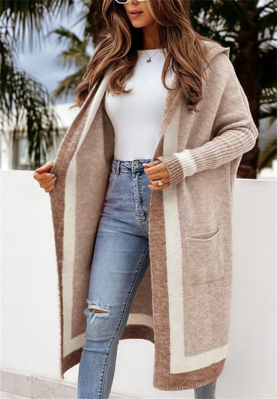 babao Colore Block delle Donne Maglia Lungo Cardigan Giacca Color Block Loose Casual Maglia Open Front Outwear Cappotto Lungo