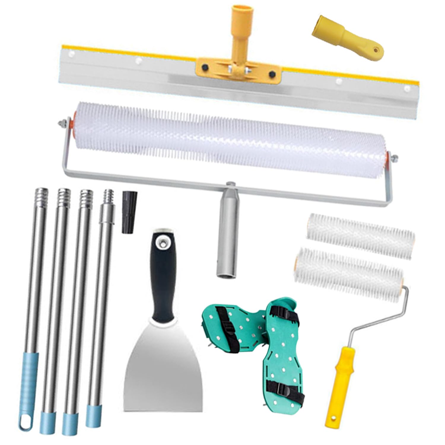 Kit De Herramientas De Autonivelación De Cemento,Palo Telescopico Limpieza 175 cm,Rodillo De Púas 13 mm,56cm y Zapatas De Clavos 30 mm,Rodillo De Pintura,Para Nivelar La Pared Del Suelo Compuesto