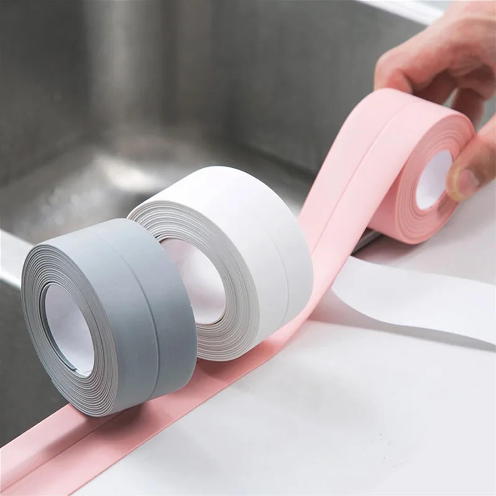 Nastro sigillante, 3 Rotoli di Nastro sigillante for Doccia da Bagno, in PVC, for WC, Nastri autoadesivi for lavello, Angolo Parete(Gray)