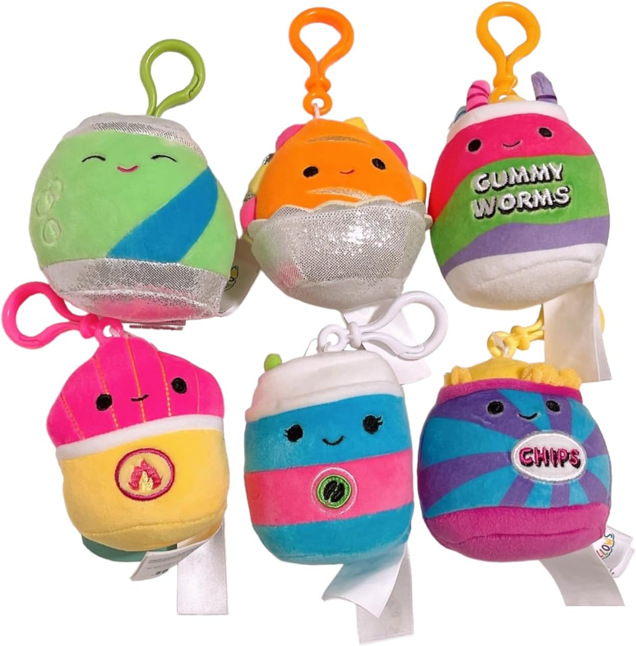 Squishmallows 2024 Neon Food Set of 6 Assorted 3.5"" Mini Clip On Keychain Plush Doll, Medium