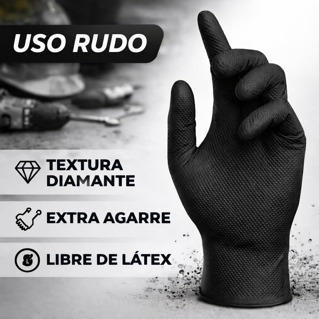 (Pack de 100) Guantes de Nitrilo Diamantados Negros Talla M (Sin Latex y de Doble Grosor) - Guante Para Mecánica - Nitrile Gloves - Guantes Nitrilo - Guantes Trabajo Hombre - Luvas Descartaveis