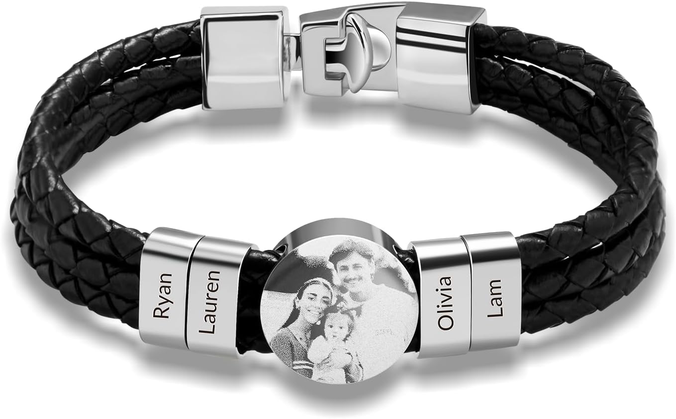 Custom Photo Bracelets for Men 2-6 Beads Engraved Names Personalized Gift for Father's Day, Anniversary, Birthday