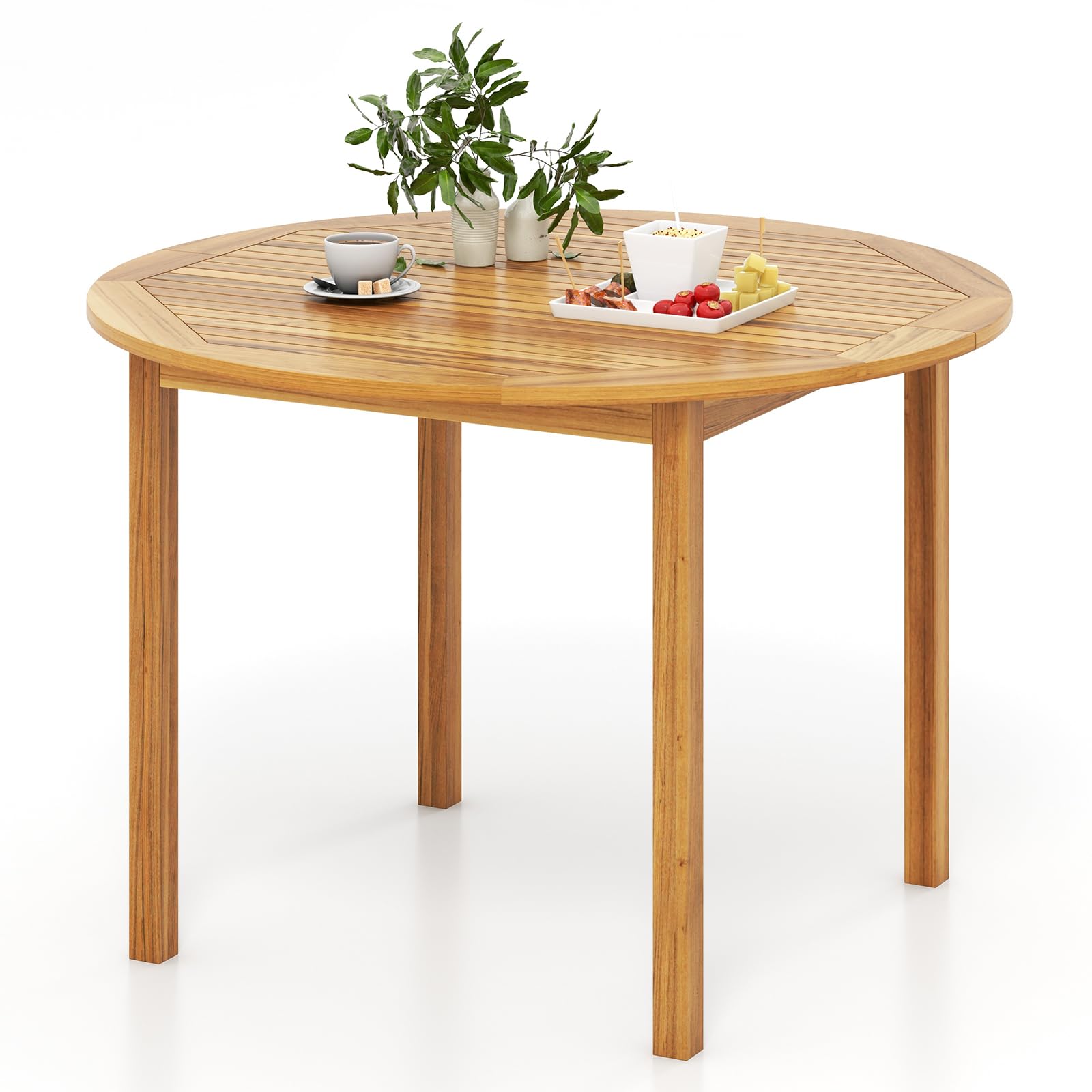 GOPLUS Mesa de Comedor de Madera de Acacia con Tablero de Listones | Mesa Redonda Clásica para 4 Personas, Ideal para Interiores y Exteriores, 100x100x75 cm