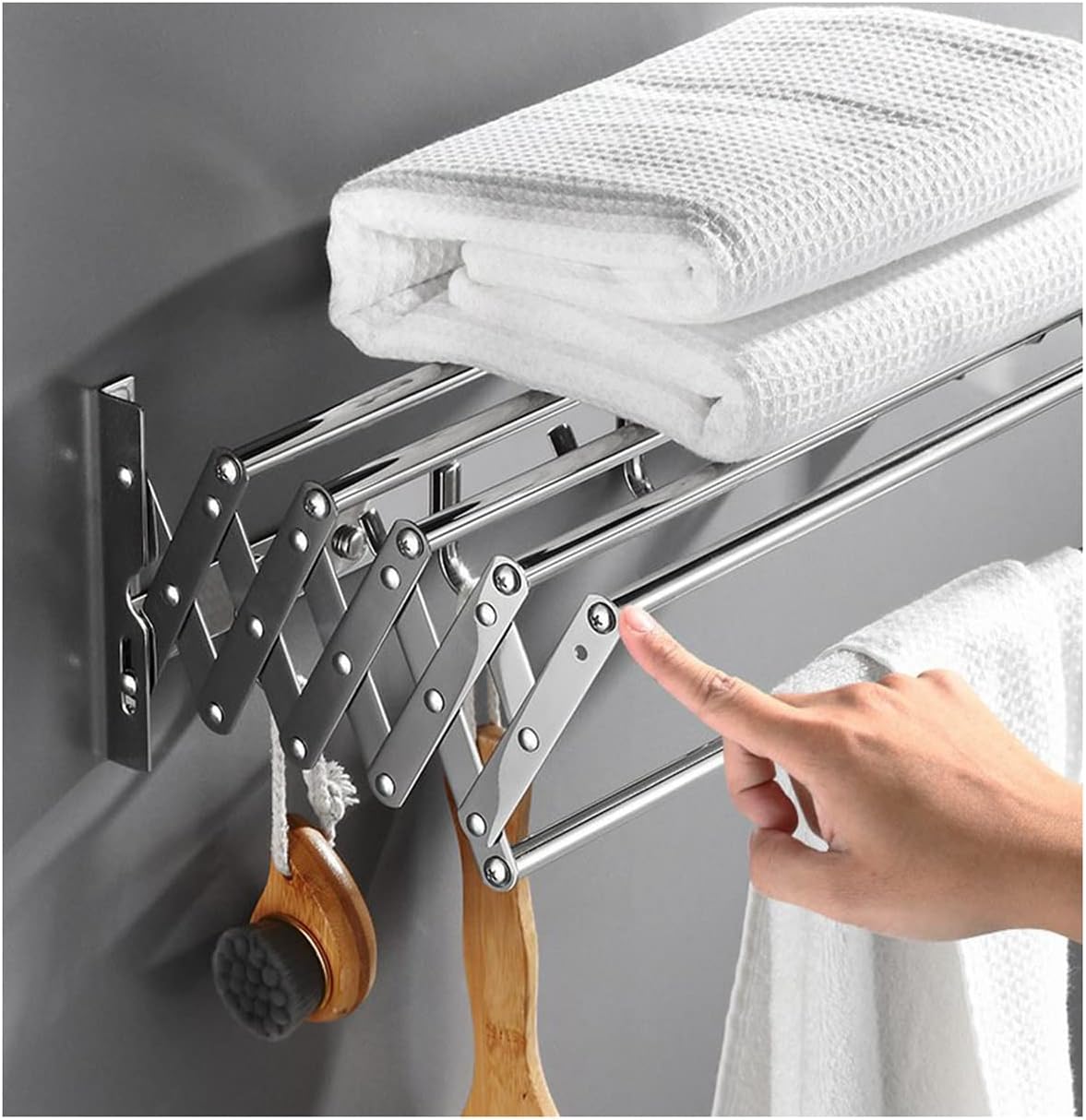 Wall Mounted Foldable Clothes Airer & Towel Rack - Retractable Drying Rack with Solid Hooks for Indoor Use - Extendable 70cm Bathroom nizer (Silver)