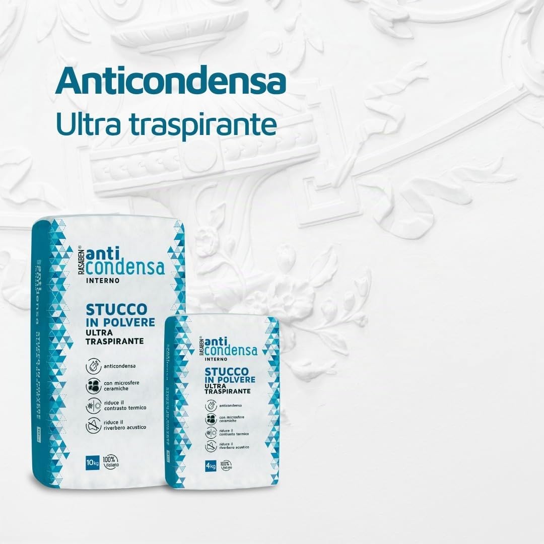 RASABEN - Stucco in Polvere Anticondensa con Microsfere Ceramiche, per Ambienti poco Ventilati, Riduce il Riverbero e il Contrasto Termico, Ultra Traspirante, Uso Interno, Made in Italy, Sacco da 4kg