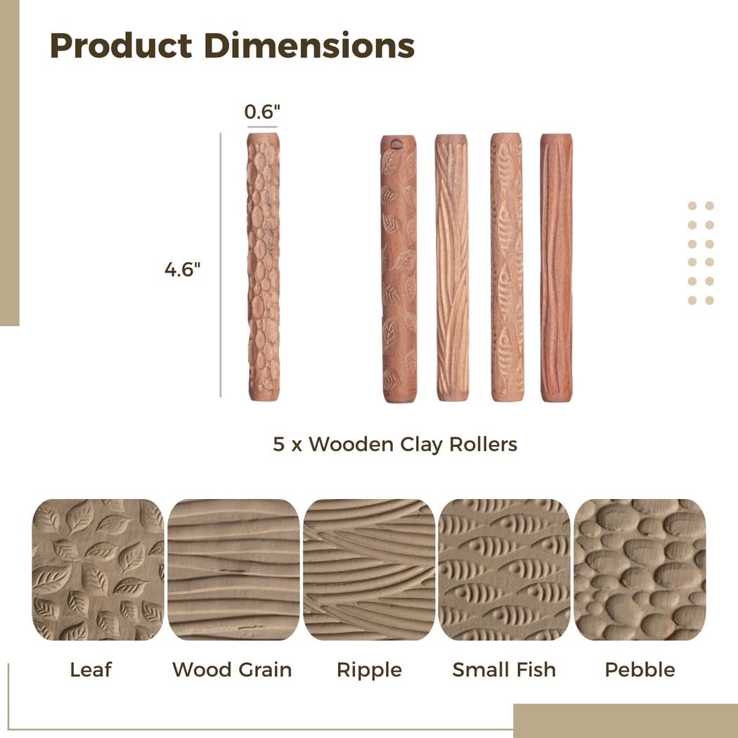 Lot de 5 rouleaux à pâtisserie en bois avec motifs de feuilles, poissons, galets et grains pour artistes