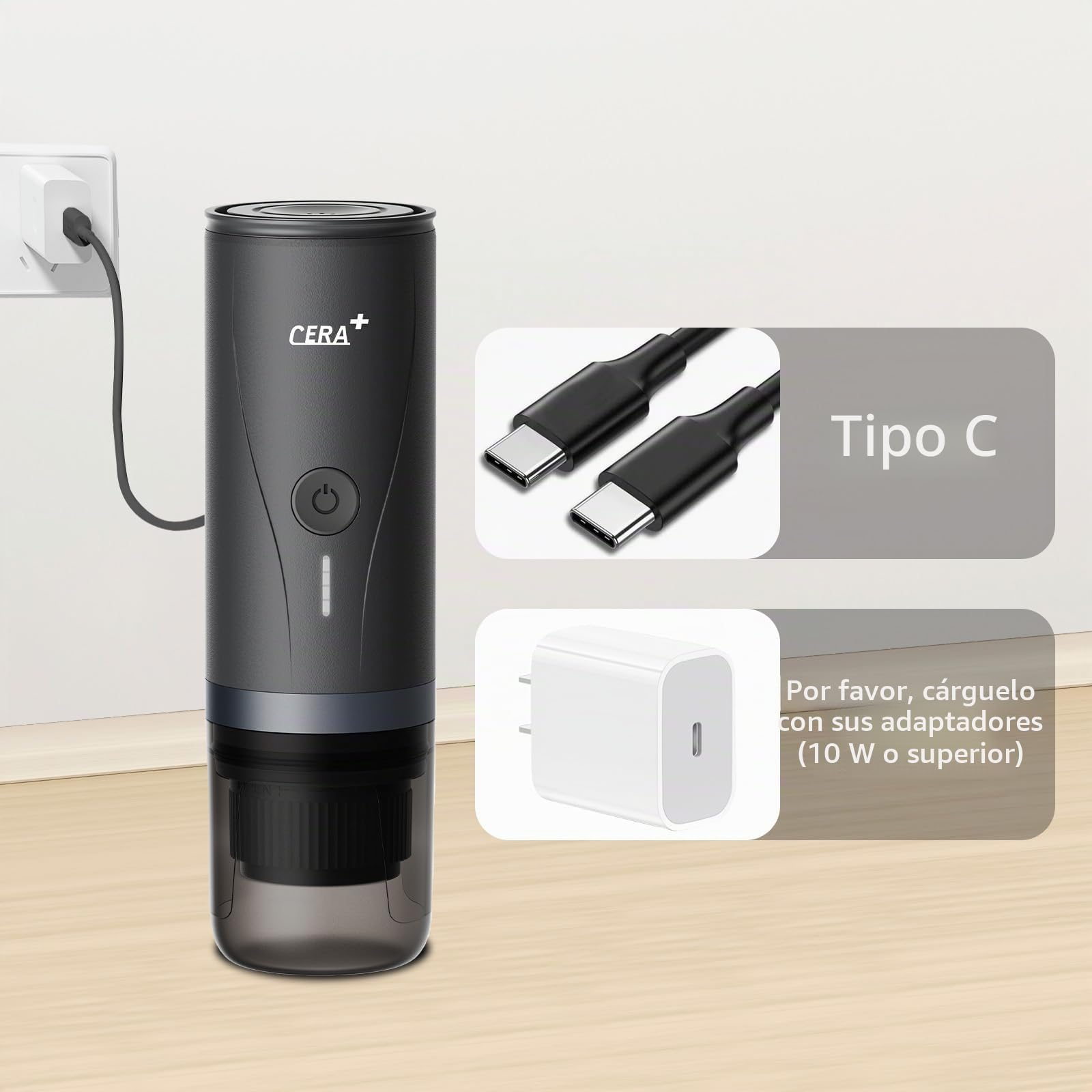 CERA+ Máquina de Espresso Eléctrica Portátil Auto-calentamiento en 3-4 Minutos, Cafetera Mini de 20 Bares con Batería Recargable. Compatible con Cápsulas NS y Café Molido para Viajes y Camping