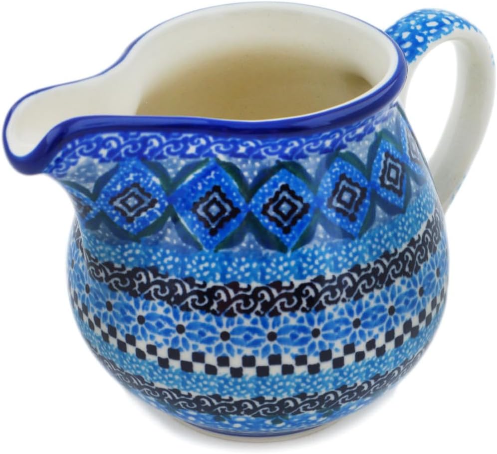 Polmedia Polish Pottery Creamer UNIKAT - Blue Kaleidoscope Pattern Handmade in Boleslawiec Poland by Ceramika Artystyczna + Certificate of Authenticity