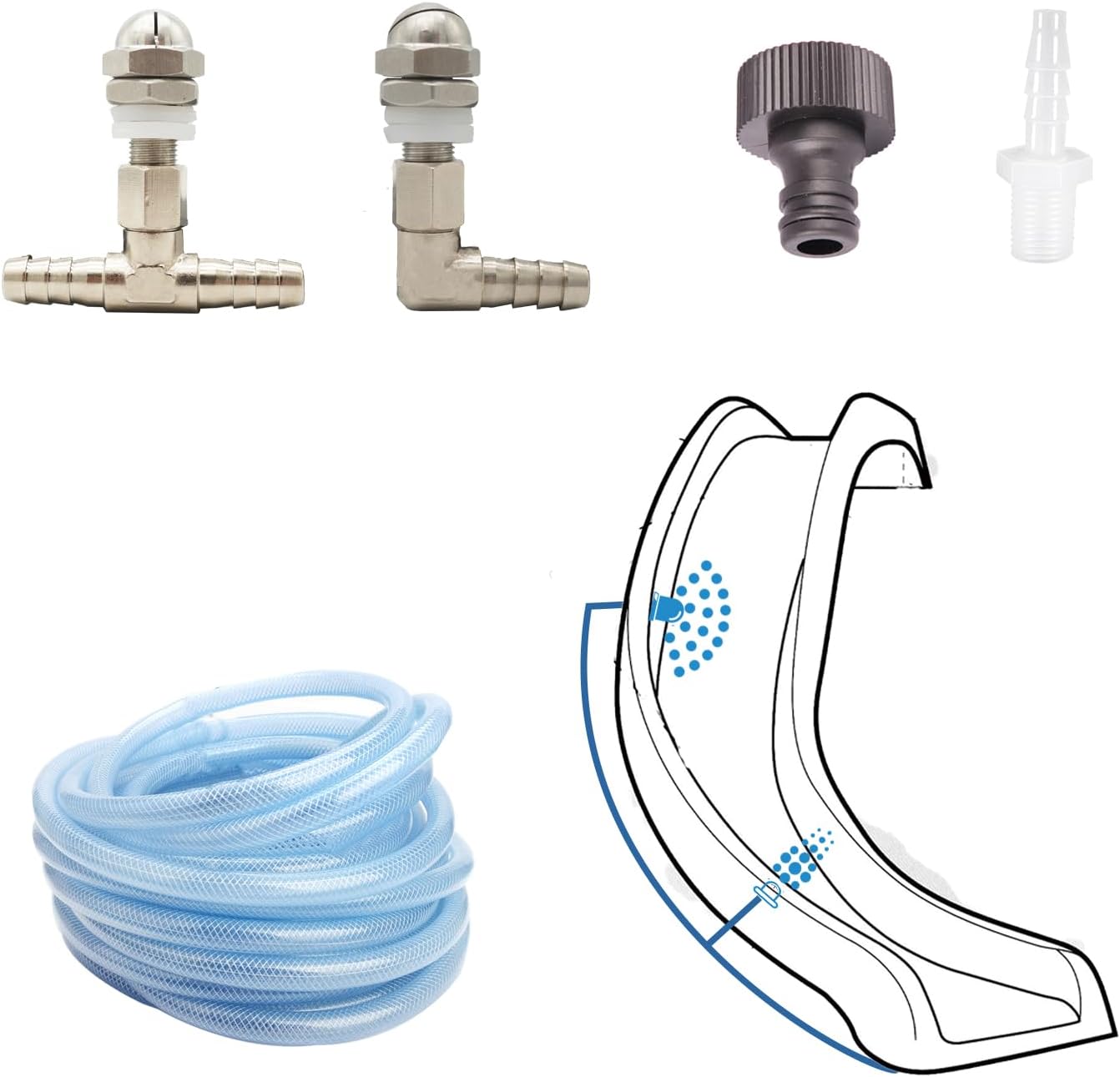 Pool Slide Spray Kit, Pool Slide Hose Kit, Swimming Pool Replacement Parts, Durable Stainless Steel&Copper Nozzles and Fittings,Leak-Free and Easy Install Pool Slide Tubing Kit.