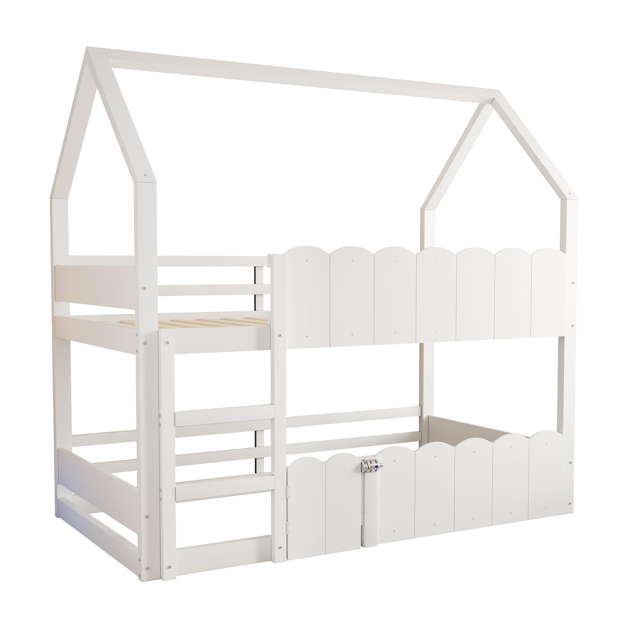 Kinder-Etagenbett 90 * 200 cm, Hausförmiges Design mit erhöhten Sicherheitsgeländern. Das Obere Bett verfügt über Einen Lattenrost. Geeignet für Jungen und Mädchen Weiß