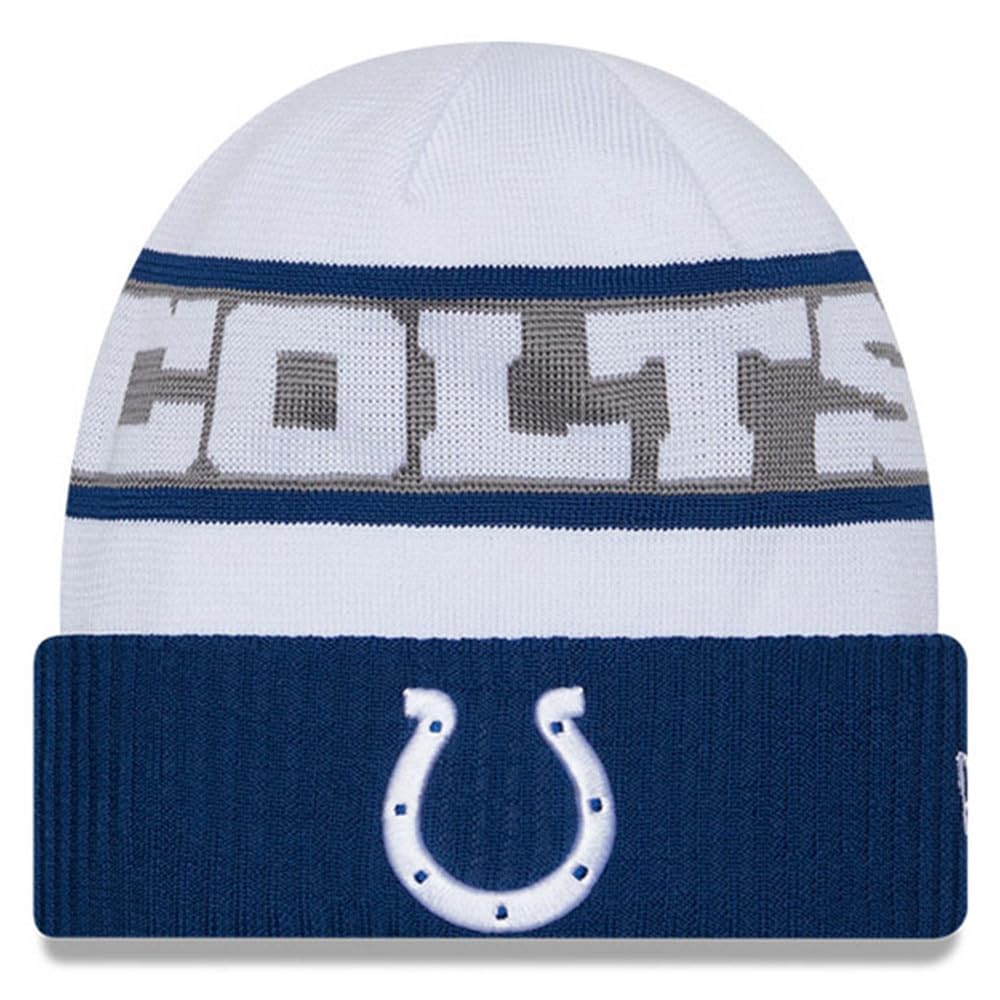 New EraMen's White/Royal Indianapolis Colts 2023 Sideline Tech Cuffed Knit Hat