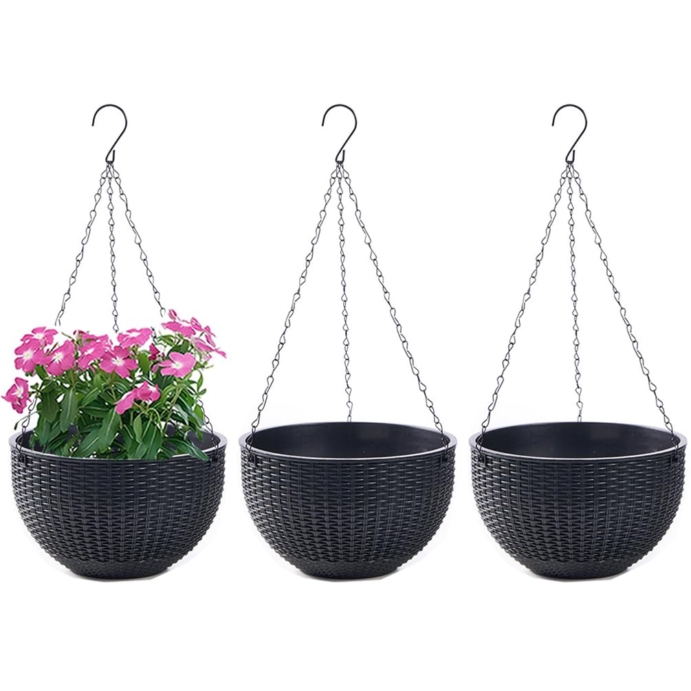 Lot de 3 Pots de Fleurs Suspendus avec Nchaînes en Acier Inoxydable Pot Suspendu Plante avec Réservoir d'eau et Trou de Drainage Intérieur Exterieur Balcon et Jardiniere Suspendue (Noir, L)