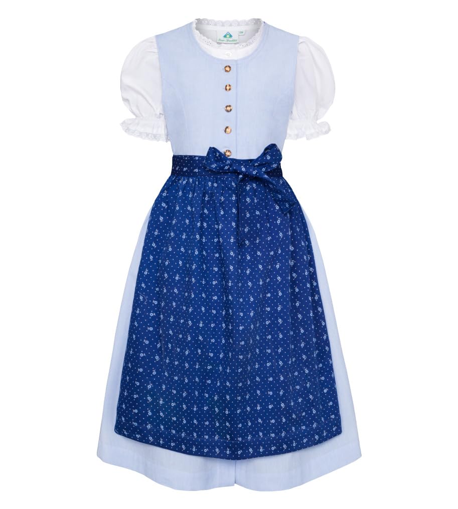 Isar-Trachten Mädchen Kinderdirndl mit Bluse 3-TLG. Kleid/weiße Bluse/Schürze für Mädchen Oktoberfest Kirchweih Hochzeit Sonntagausflug