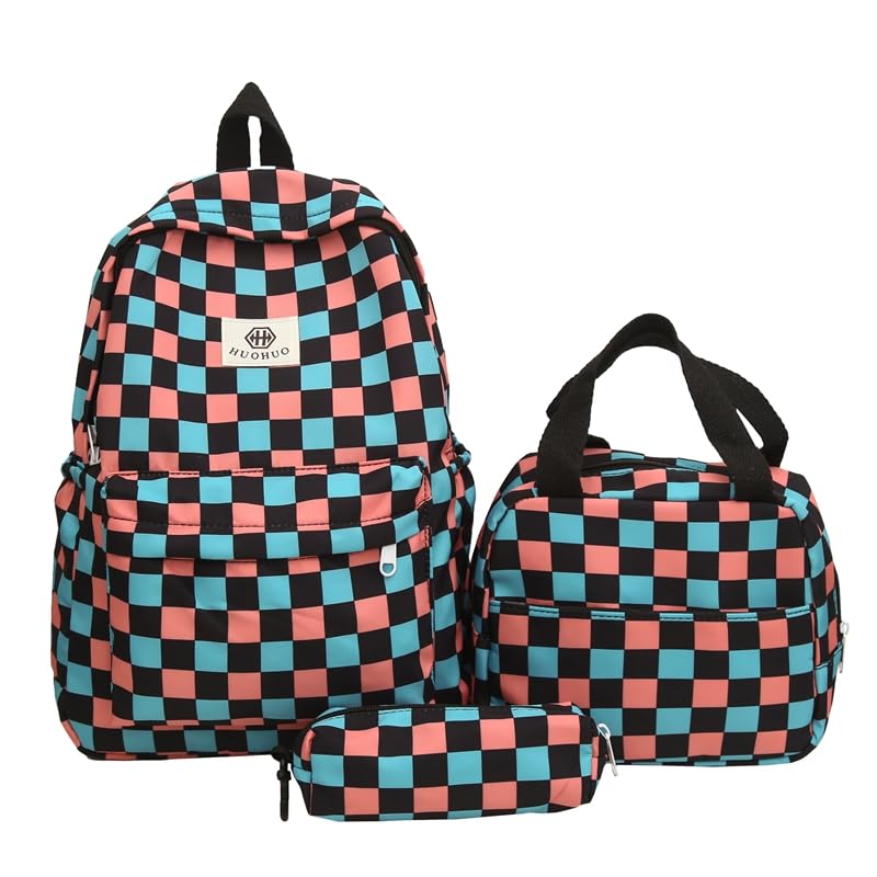 Lushandy 3PCS Checkered Backpack with Lunch Bag, Womens College Backpack Set Cute Aesthetic Daypack Checkered Laptop Backpack