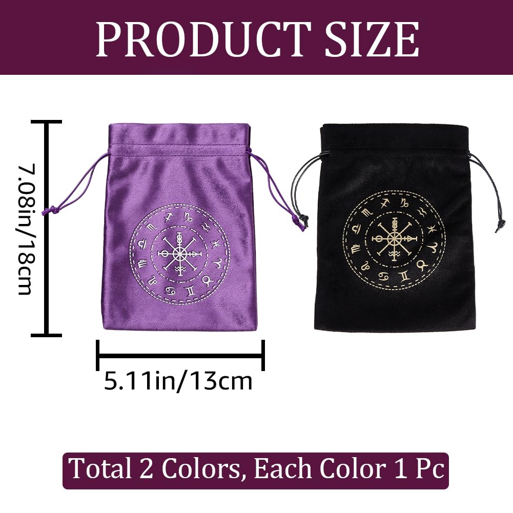 CREATCABIN 2 Bolsa Tarot Terciopelo Almacenamiento Tarjetas Tarot,12 Bolsas Constelaciones,Soporte para Runas con Cordones,Embalaje Grande para Cartas Tarot,Joyería Cristal,Dados,18x13cm,Negro Morado